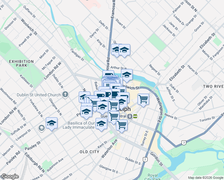 map of restaurants, bars, coffee shops, grocery stores, and more near 121 Wyndham Street North in Guelph
