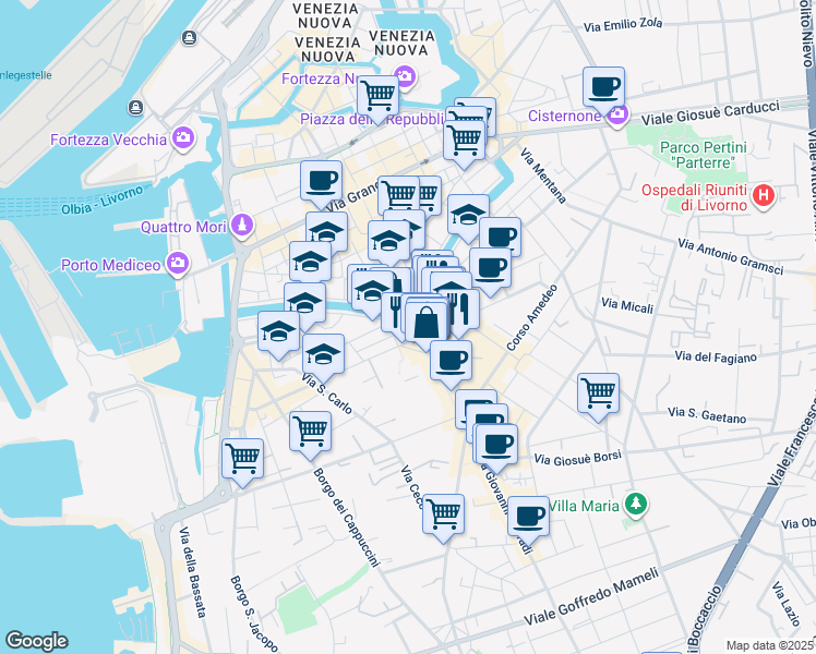 map of restaurants, bars, coffee shops, grocery stores, and more near 12 Via Sardi in Livorno