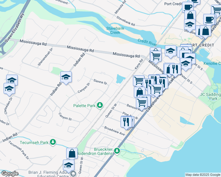 map of restaurants, bars, coffee shops, grocery stores, and more near 578 Hancock Way in Mississauga