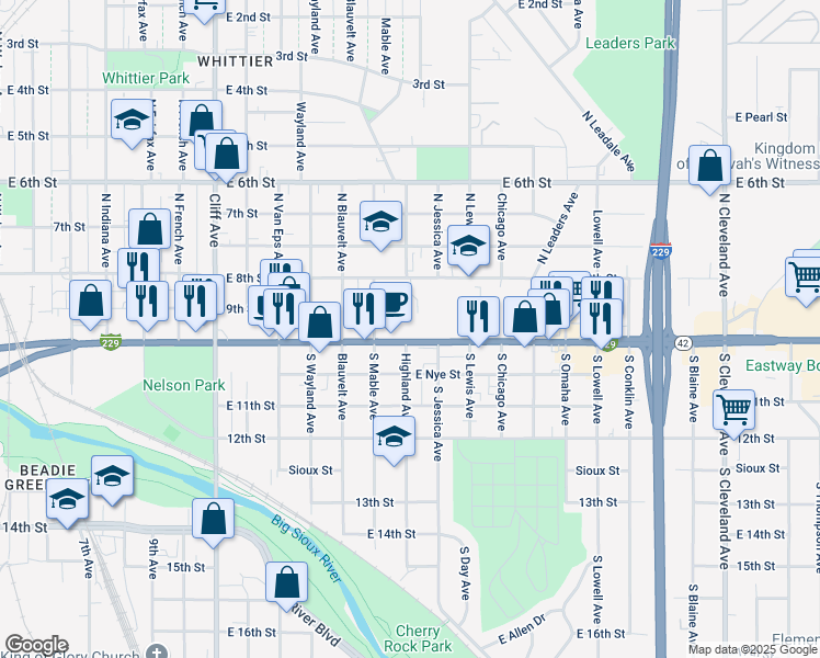 map of restaurants, bars, coffee shops, grocery stores, and more near 1801 E 10th St in Sioux Falls