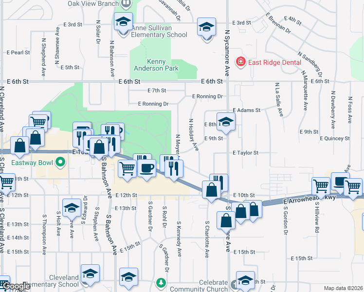 map of restaurants, bars, coffee shops, grocery stores, and more near 4101-4199 East Walker Way in Sioux Falls