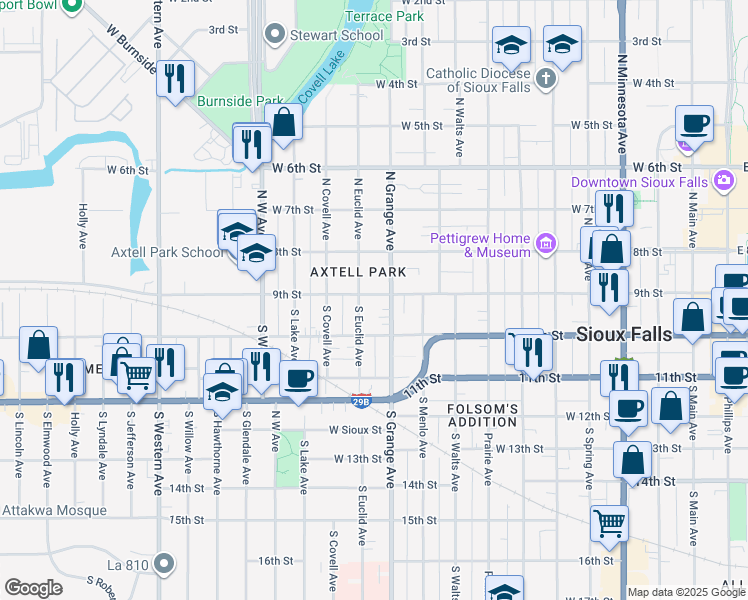 map of restaurants, bars, coffee shops, grocery stores, and more near 1113 West 9th Street in Sioux Falls