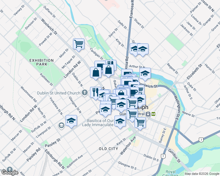 map of restaurants, bars, coffee shops, grocery stores, and more near 125 Norfolk Street in Guelph
