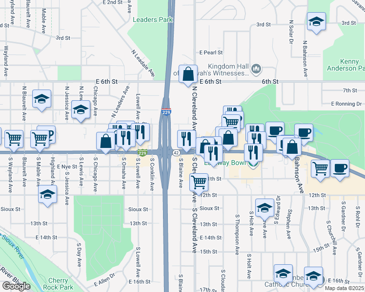 map of restaurants, bars, coffee shops, grocery stores, and more near 2609 E 10th St in Sioux Falls