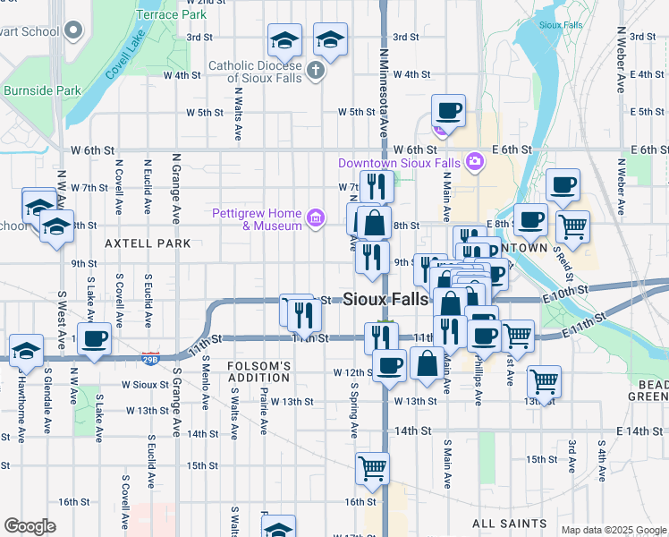 map of restaurants, bars, coffee shops, grocery stores, and more near 124 South Duluth Avenue in Sioux Falls