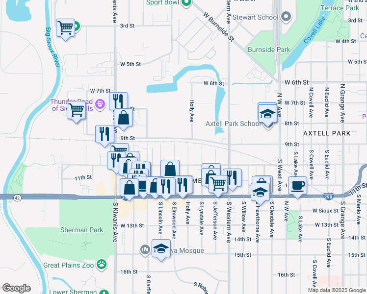 map of restaurants, bars, coffee shops, grocery stores, and more near 124 South Holly Avenue in Sioux Falls
