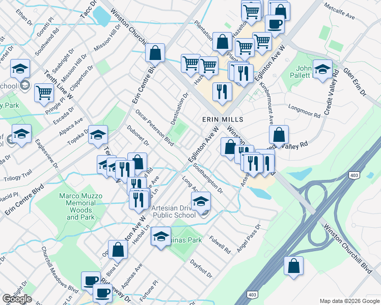 map of restaurants, bars, coffee shops, grocery stores, and more near 93 Eglinton Avenue West in Mississauga