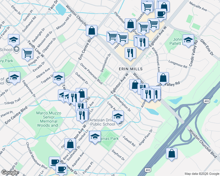 map of restaurants, bars, coffee shops, grocery stores, and more near 5615 Oscar Peterson Boulevard in Mississauga