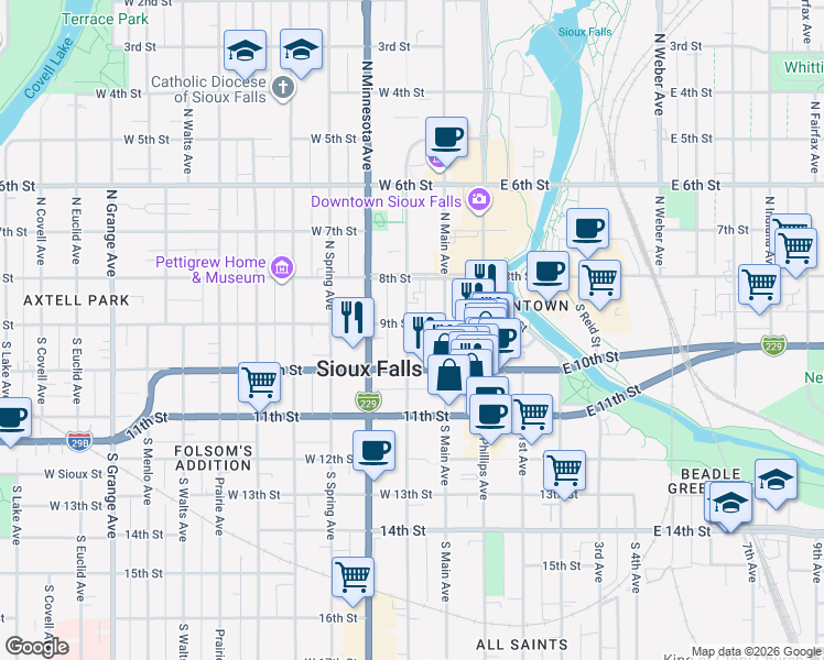 map of restaurants, bars, coffee shops, grocery stores, and more near 113 South Main Avenue in Sioux Falls
