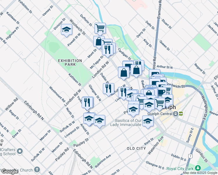 map of restaurants, bars, coffee shops, grocery stores, and more near 196 Dublin Street North in Guelph