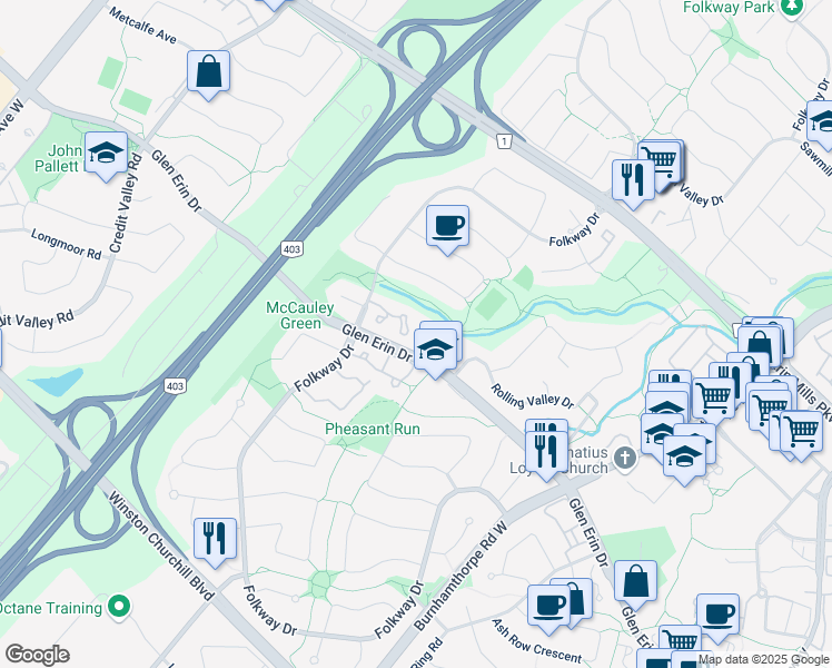 map of restaurants, bars, coffee shops, grocery stores, and more near 4171 Glen Erin Drive in Mississauga