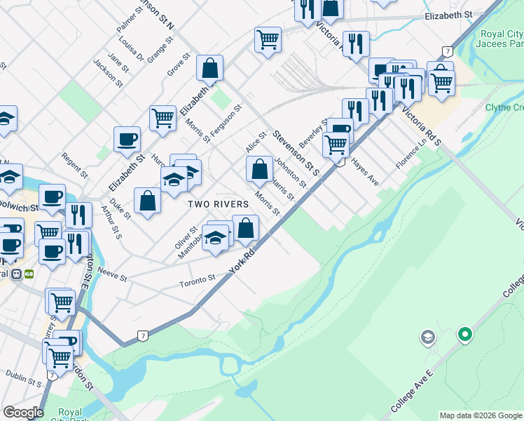 map of restaurants, bars, coffee shops, grocery stores, and more near 169 Morris Street in Guelph