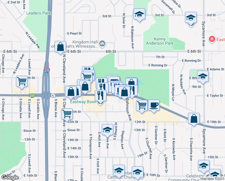 map of restaurants, bars, coffee shops, grocery stores, and more near 3308 East 10th Street in Sioux Falls