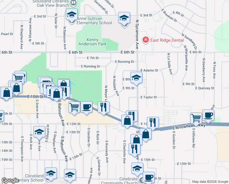 map of restaurants, bars, coffee shops, grocery stores, and more near 301 North Holiday Avenue in Sioux Falls