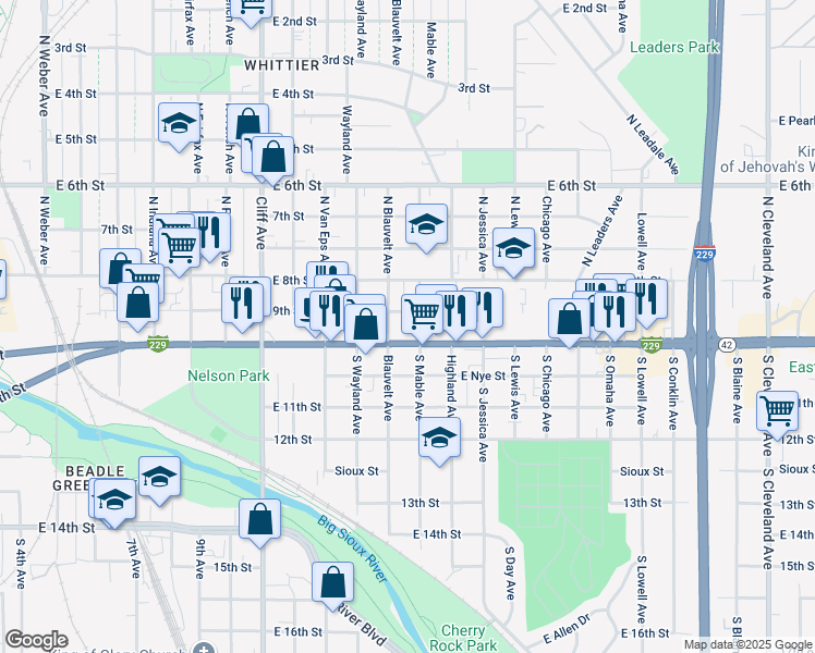 map of restaurants, bars, coffee shops, grocery stores, and more near 113 South Mable Avenue in Sioux Falls
