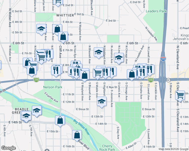 map of restaurants, bars, coffee shops, grocery stores, and more near 113 South Mable Avenue in Sioux Falls
