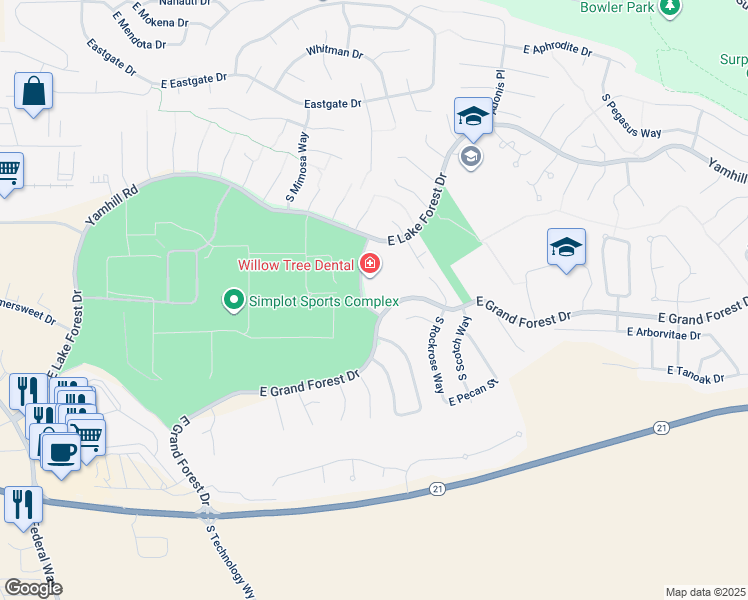 map of restaurants, bars, coffee shops, grocery stores, and more near 6162 South Peppertree Avenue in Boise