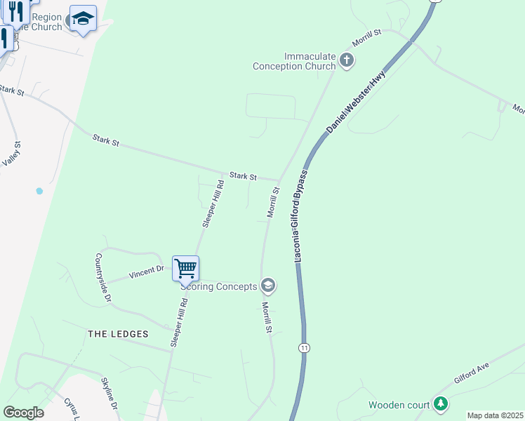 map of restaurants, bars, coffee shops, grocery stores, and more near 401 Morrill Street in Gilford