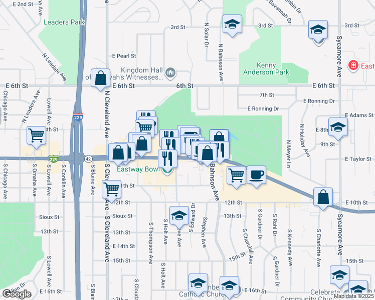 map of restaurants, bars, coffee shops, grocery stores, and more near 3308 East 10th Street in Sioux Falls