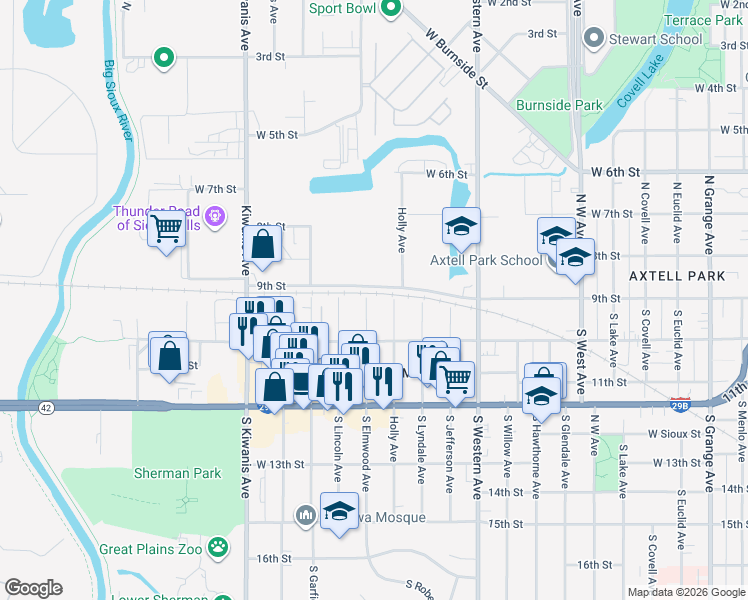 map of restaurants, bars, coffee shops, grocery stores, and more near 124 South Elmwood Avenue in Sioux Falls