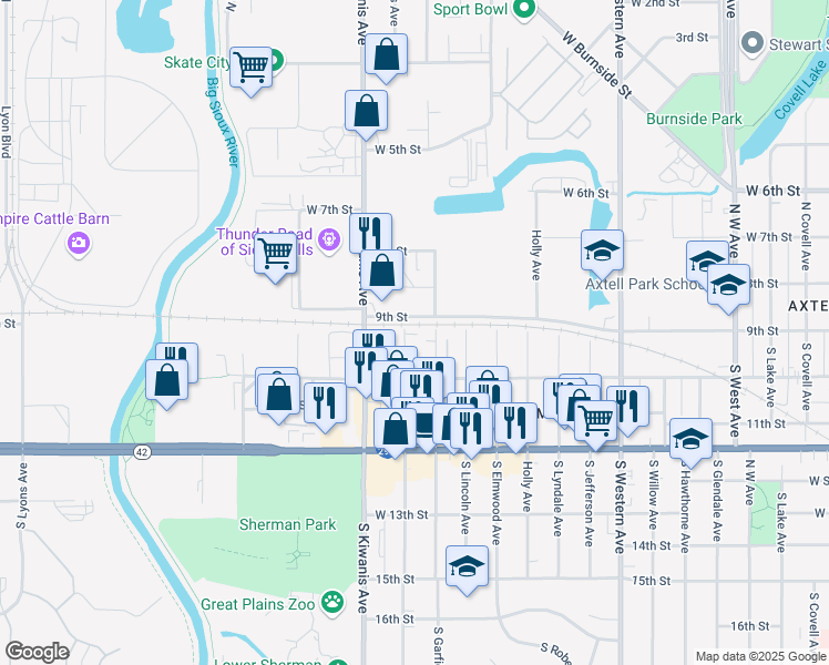 map of restaurants, bars, coffee shops, grocery stores, and more near 2408 West 10th Street in Sioux Falls