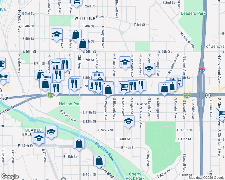 map of restaurants, bars, coffee shops, grocery stores, and more near 201-299 S Blauvelt Ave in Sioux Falls