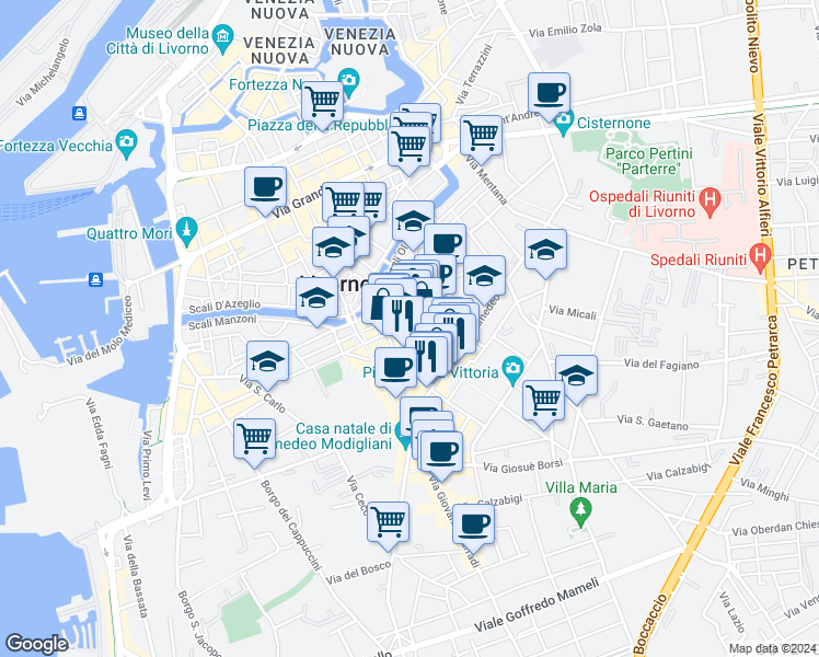 map of restaurants, bars, coffee shops, grocery stores, and more near 74 Via Magenta in Livorno