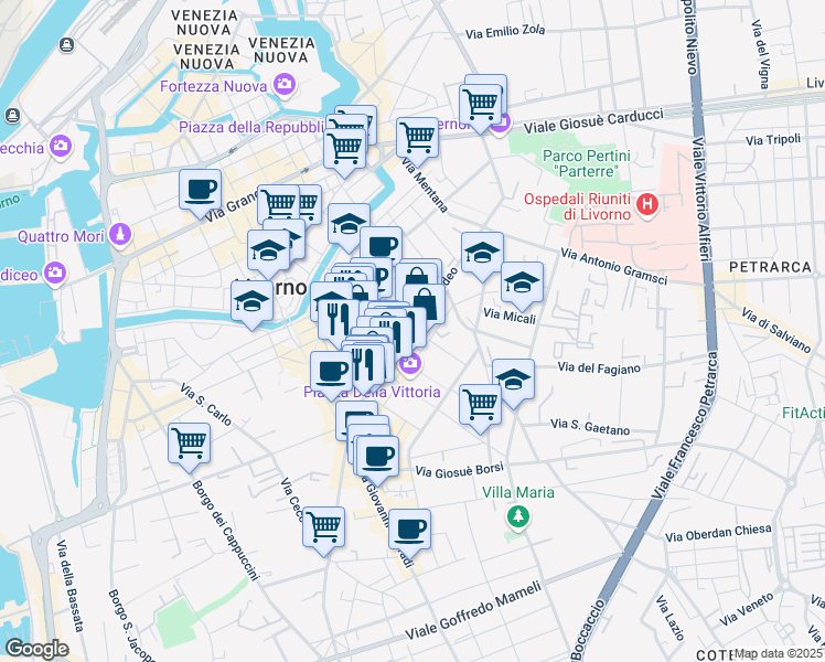 map of restaurants, bars, coffee shops, grocery stores, and more near 78 Via Magenta in Livorno