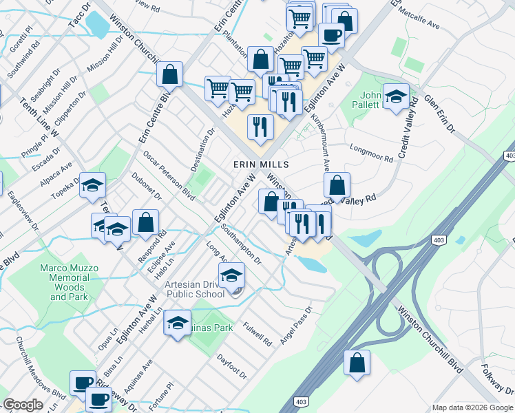 map of restaurants, bars, coffee shops, grocery stores, and more near 4975 Southampton Drive in Mississauga