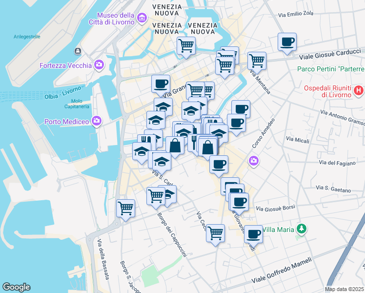 map of restaurants, bars, coffee shops, grocery stores, and more near 38 Via Michon in Livorno