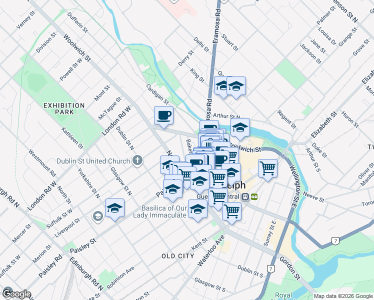 map of restaurants, bars, coffee shops, grocery stores, and more near 55 Yarmouth Street in Guelph