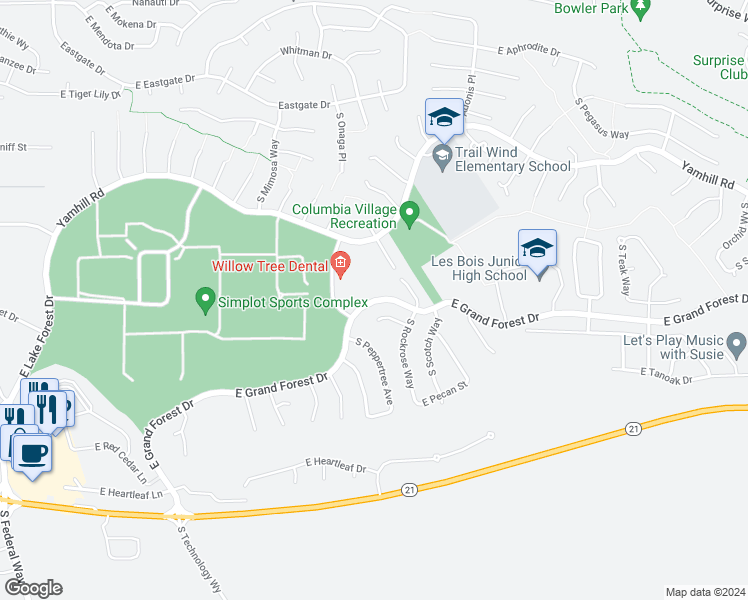 map of restaurants, bars, coffee shops, grocery stores, and more near 3566 East Grand Forest Drive in Boise
