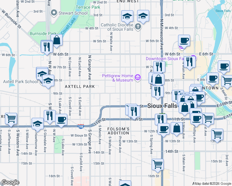 map of restaurants, bars, coffee shops, grocery stores, and more near 840 West 9th Street in Sioux Falls