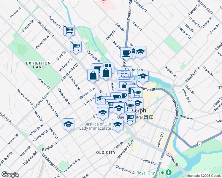 map of restaurants, bars, coffee shops, grocery stores, and more near 90 Yarmouth Street in Guelph