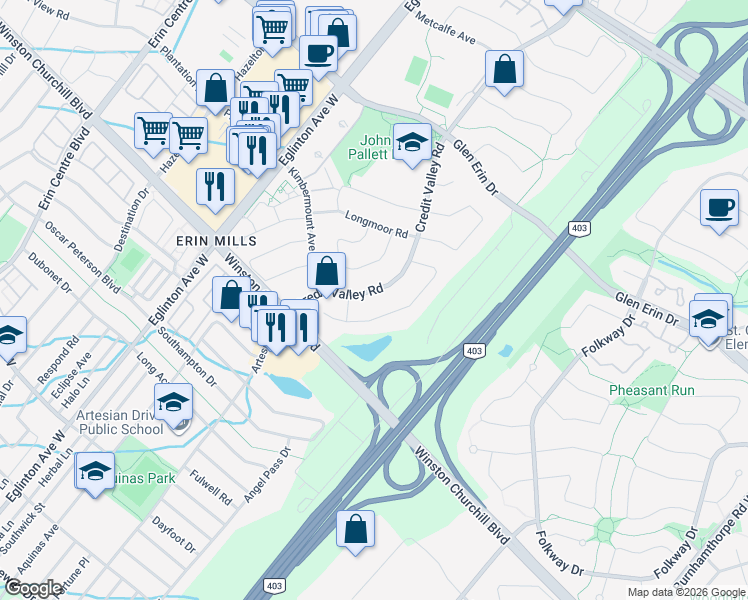 map of restaurants, bars, coffee shops, grocery stores, and more near 2613 Credit Valley Road in Mississauga