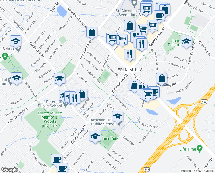 map of restaurants, bars, coffee shops, grocery stores, and more near 5005 Oscar Peterson Boulevard in Mississauga