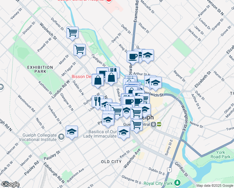 map of restaurants, bars, coffee shops, grocery stores, and more near 55 Yarmouth Street in Guelph