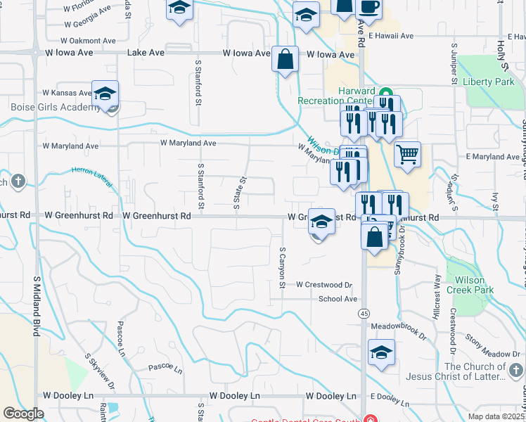 map of restaurants, bars, coffee shops, grocery stores, and more near 424 West Greenhurst Road in Nampa