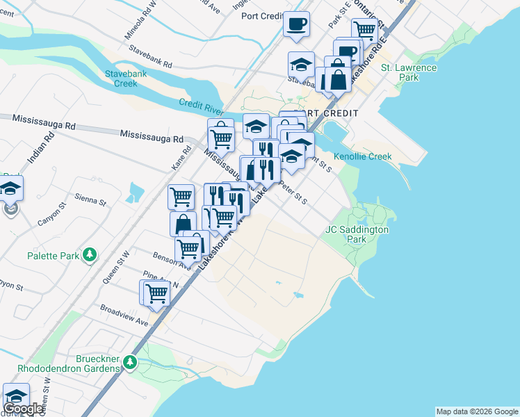 map of restaurants, bars, coffee shops, grocery stores, and more near 181 Lakeshore Road West in Mississauga