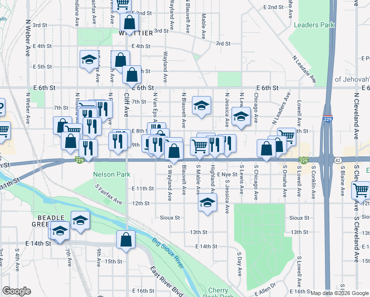 map of restaurants, bars, coffee shops, grocery stores, and more near 109 North Blauvelt Avenue in Sioux Falls