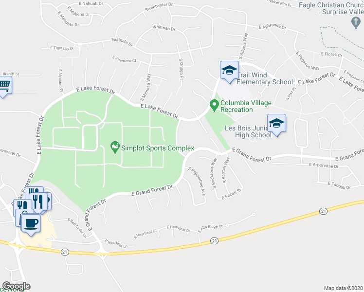 map of restaurants, bars, coffee shops, grocery stores, and more near 3533 East Lake Forest Drive in Boise