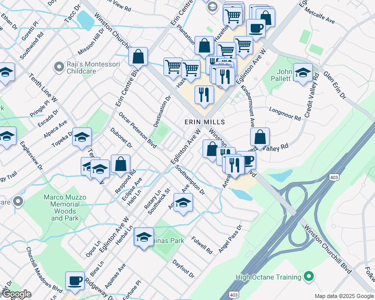map of restaurants, bars, coffee shops, grocery stores, and more near in Mississauga