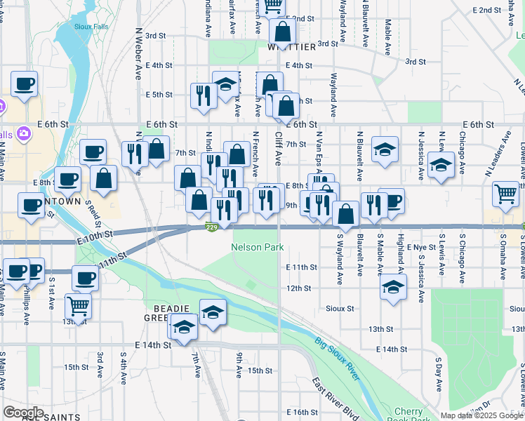 map of restaurants, bars, coffee shops, grocery stores, and more near 100-198 N French Ave in Sioux Falls