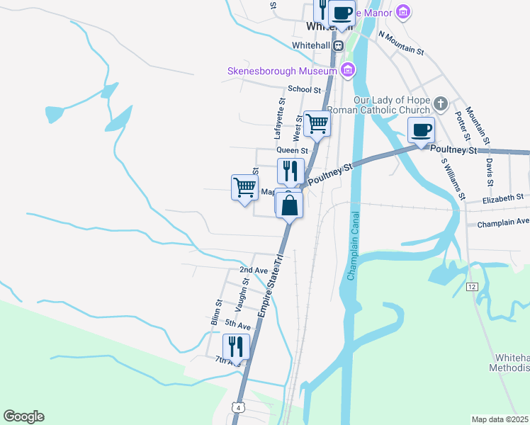 map of restaurants, bars, coffee shops, grocery stores, and more near 12 Maple Street in Whitehall