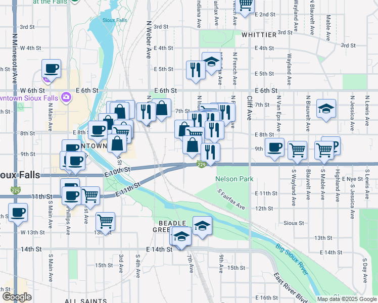 map of restaurants, bars, coffee shops, grocery stores, and more near 100 South Franklin Avenue in Sioux Falls