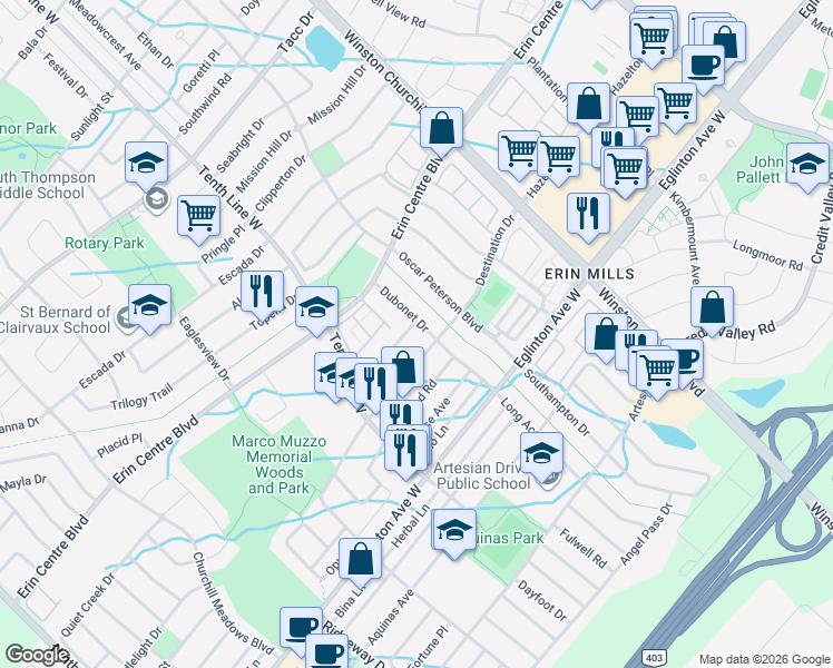 map of restaurants, bars, coffee shops, grocery stores, and more near 3262 Weatherford Road in Mississauga