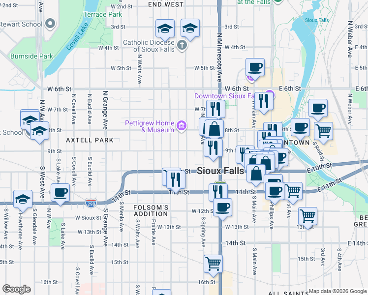 map of restaurants, bars, coffee shops, grocery stores, and more near 115 North Duluth Avenue in Sioux Falls