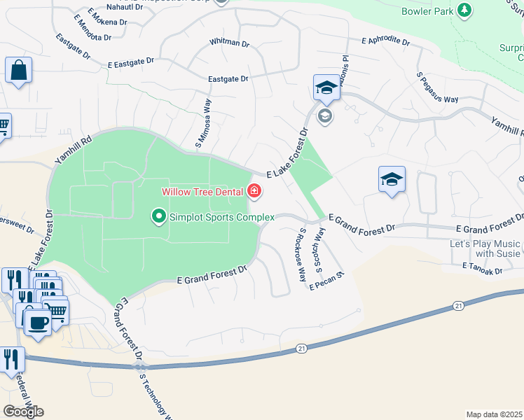 map of restaurants, bars, coffee shops, grocery stores, and more near 3533 East Lake Forest Drive in Boise