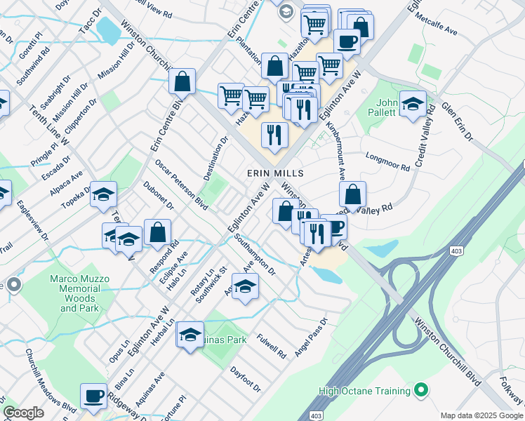 map of restaurants, bars, coffee shops, grocery stores, and more near 4975 Southampton Drive in Mississauga