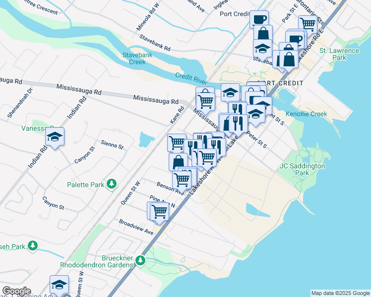 map of restaurants, bars, coffee shops, grocery stores, and more near 94 Park Street West in Mississauga